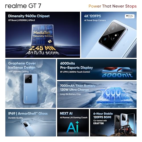 realme GT 7 (IceSense Blue,12GB+256GB) | India's 1st MediaTek Dimensity 9400e Chipset | Strongest Battery Combo 7000mAh + 120W | AI 4K 120FPS Travel Camera | 360° Cooling IceSense Design with Graphene