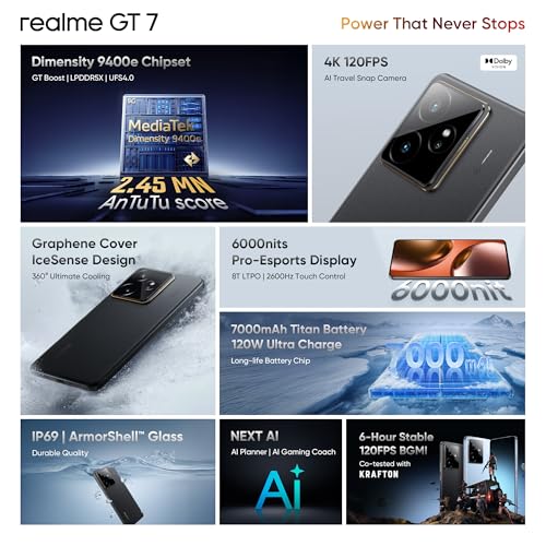 realme GT 7 (IceSense Blue,12GB+256GB) | India's 1st MediaTek Dimensity 9400e Chipset | Strongest Battery Combo 7000mAh + 120W | AI 4K 120FPS Travel Camera | 360° Cooling IceSense Design with Graphene