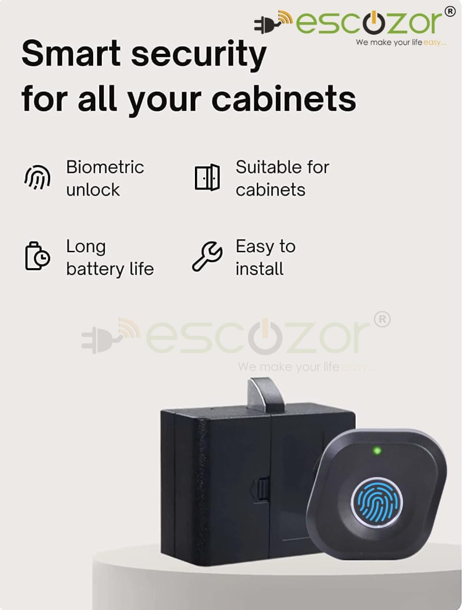 Escozor® DFL01 Smart Biometric Fingerprint Drawer Lock - Safety Electric Cabinet Lock for Wardrobe and Furniture Privacy (Up to 10 Fingerprints, With Ekey)