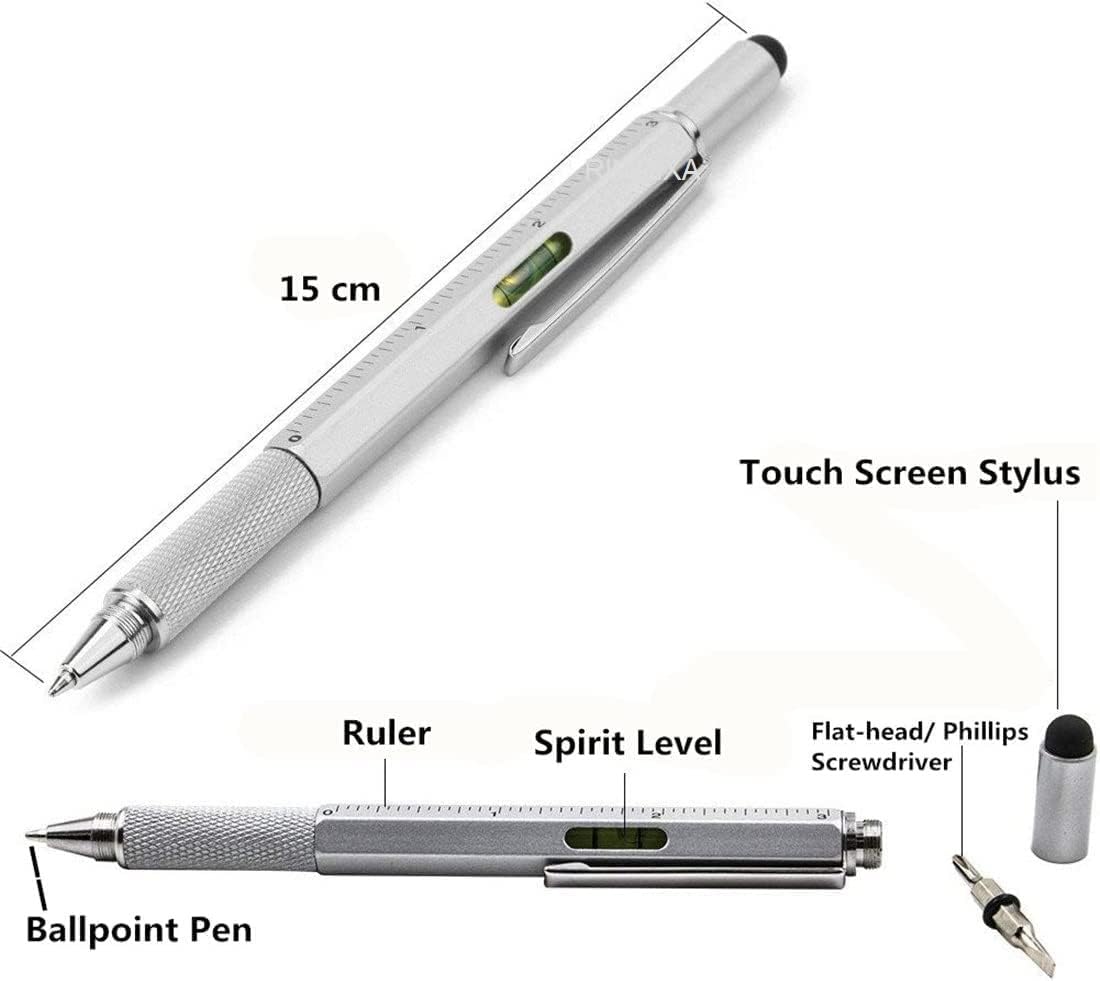 RIMDIXA Aluminium 6 In 1 Multifunction Tool Pen, With Ballpoint Pen, Touch Screen Stylus, Ruler, Spirit Level, Flat-Head Screwdriver, All-In-One Tech-Tool Gadgets For Mens Gifts