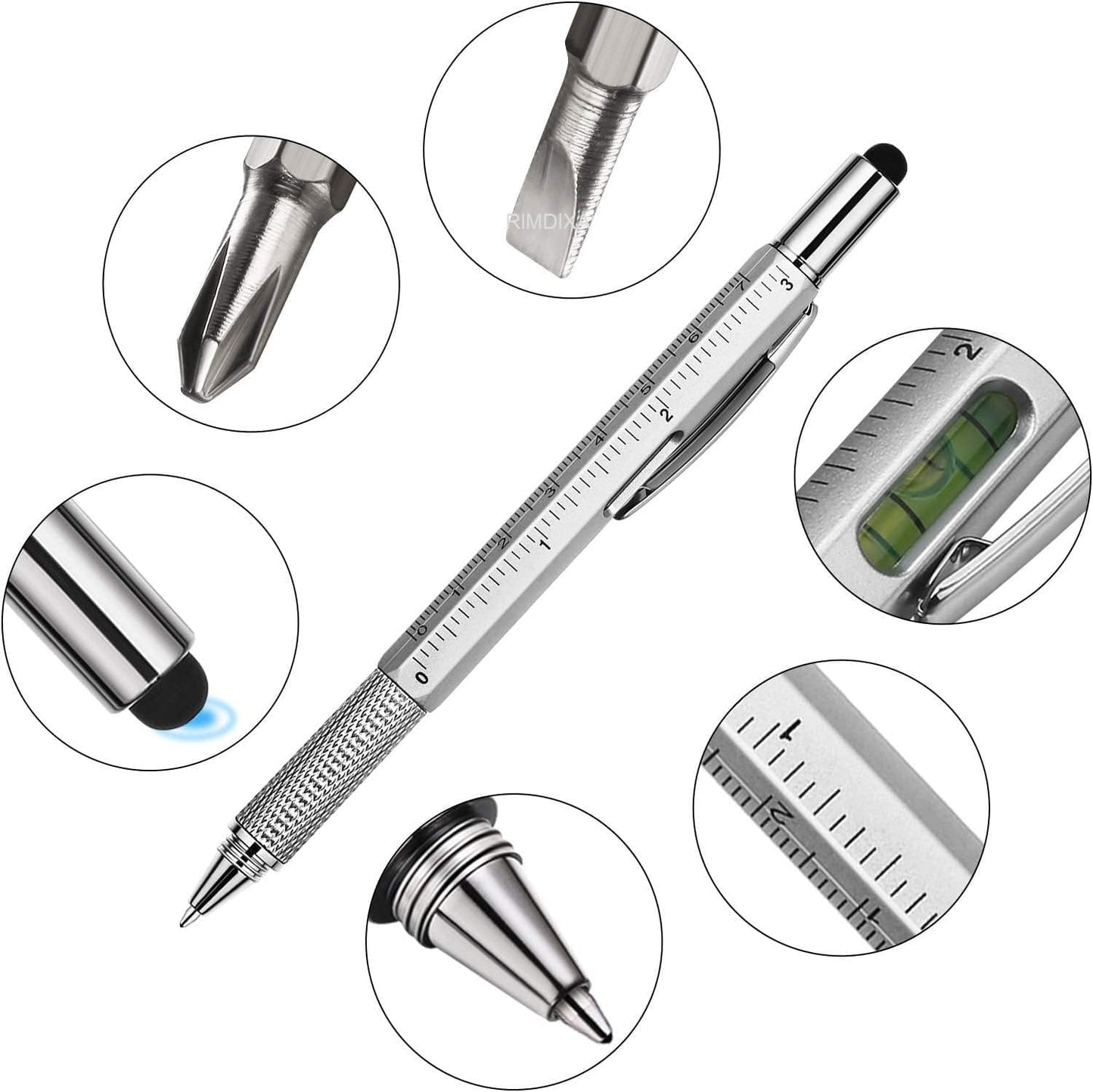 RIMDIXA Aluminium 6 In 1 Multifunction Tool Pen, With Ballpoint Pen, Touch Screen Stylus, Ruler, Spirit Level, Flat-Head Screwdriver, All-In-One Tech-Tool Gadgets For Mens Gifts