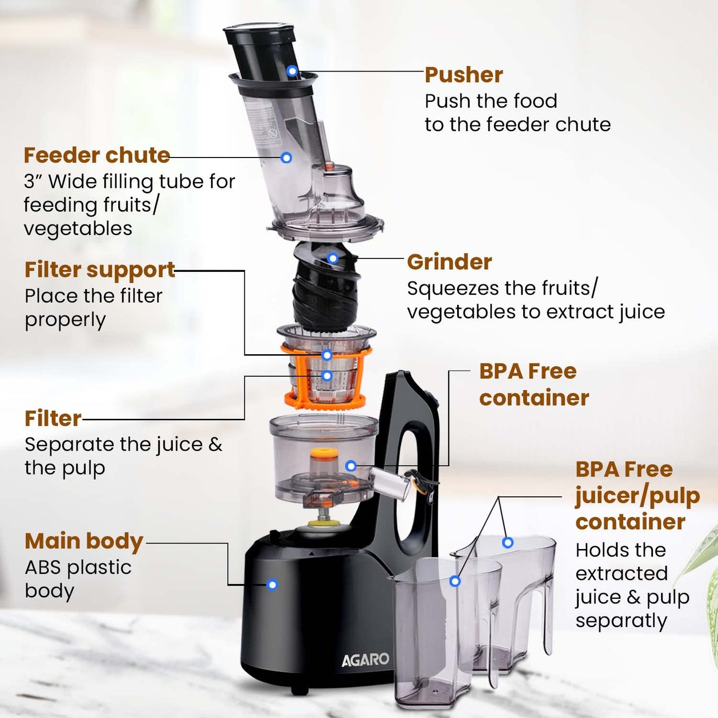 AGARO Imperial Slow Juicer, Professional Cold Press Whole Slow Juicer, 240 Watts Power Motor, 3 Strainers, All-in-1 Fruit & Vegetable Juicer, Grey/Black