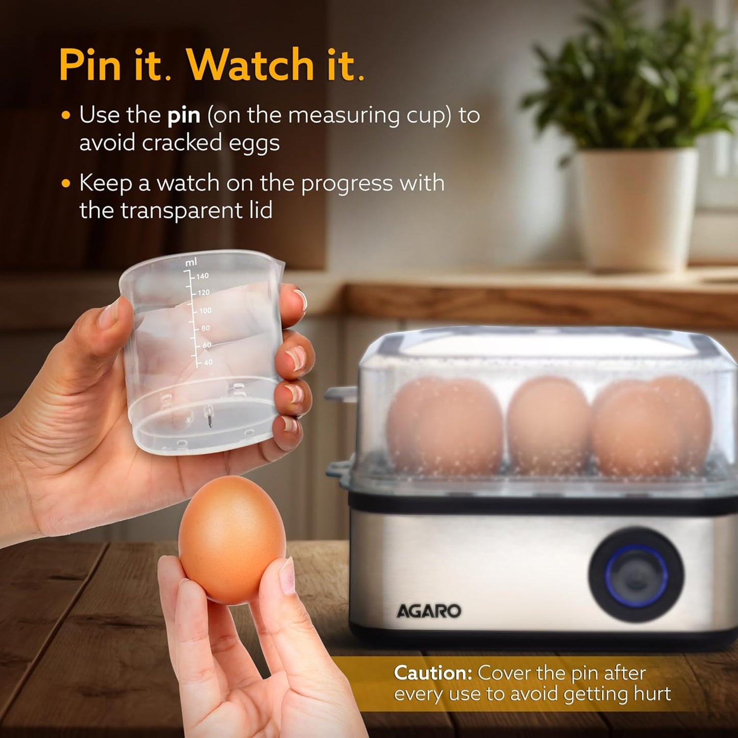 AGARO Grand Egg Boiler And Poacher, 2-in1 Boils 8 Eggs, Poach 4 Eggs, Steamed Vegetables, 3 Boiling Modes, Stainless Steel Body, Transparent Lid, 500W, Silver