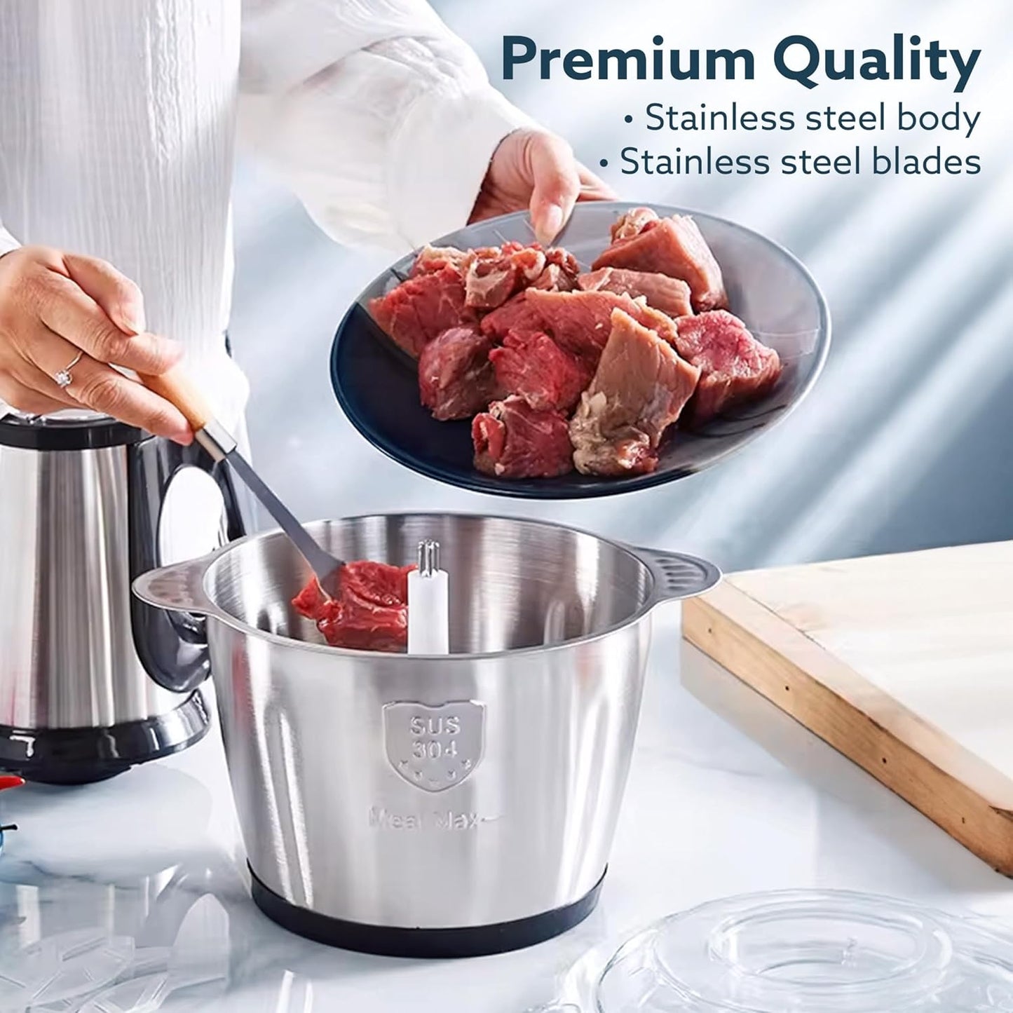 AGARO Delite Vegetable & Meat Chopper for Kitchen, Garlic Peeler, Egg Whisker, 2L Bowl, 400W Motor, 3 Speed Settings, Meat Grinder, Vegetable Mixer, Stainless Steel Body, Onion, Garlic, Fruits.