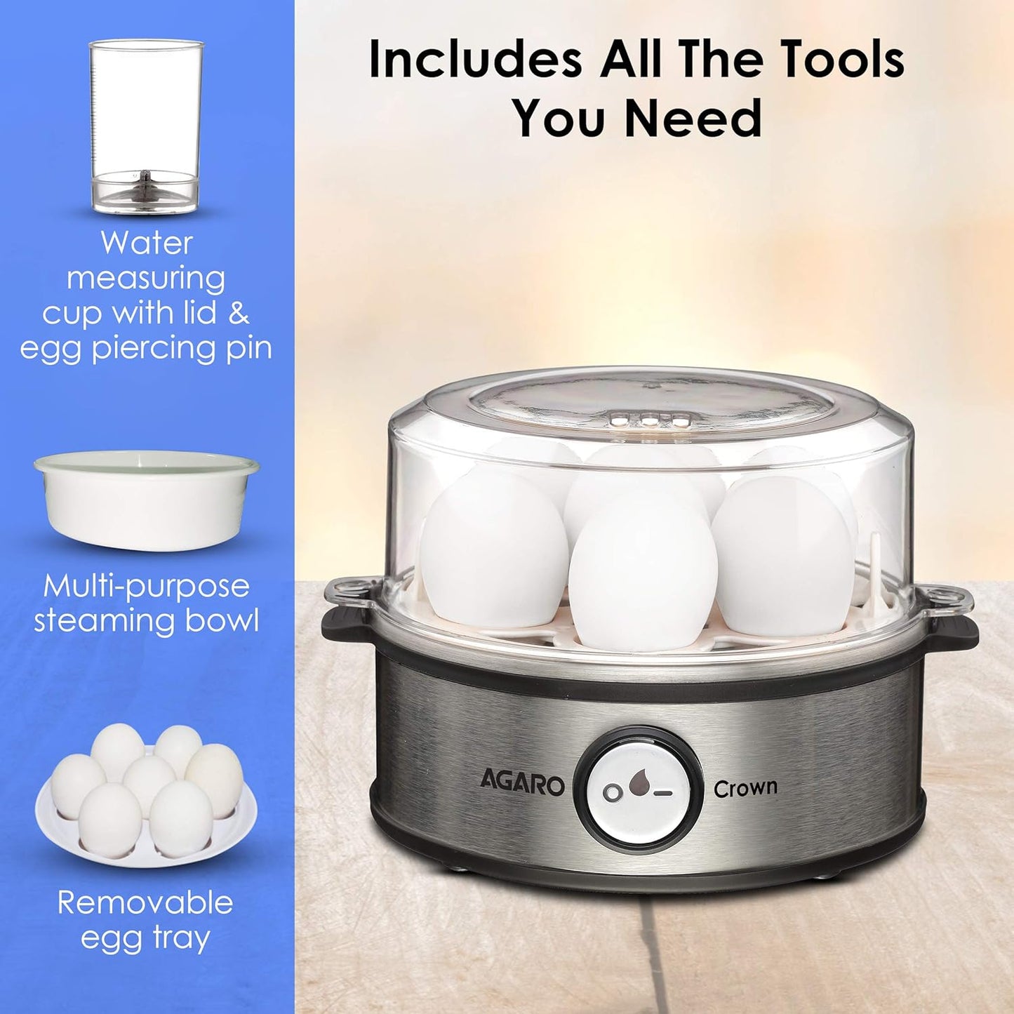 AGARO Grand Egg Boiler And Poacher, 2-in1 Boils 8 Eggs, Poach 4 Eggs, Steamed Vegetables, 3 Boiling Modes, Stainless Steel Body, Transparent Lid, 500W, Silver
