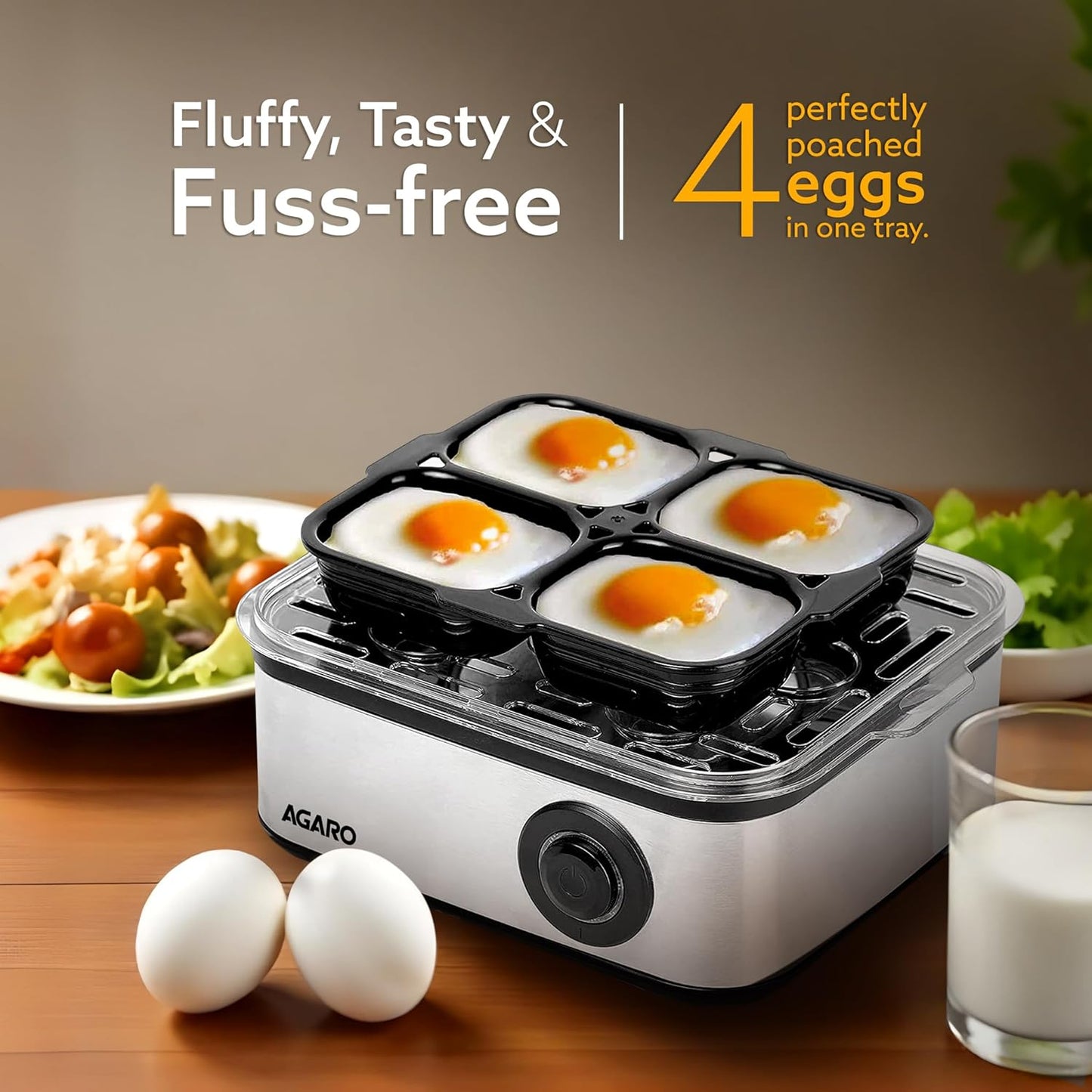 AGARO Grand Egg Boiler And Poacher, 2-in1 Boils 8 Eggs, Poach 4 Eggs, Steamed Vegetables, 3 Boiling Modes, Stainless Steel Body, Transparent Lid, 500W, Silver