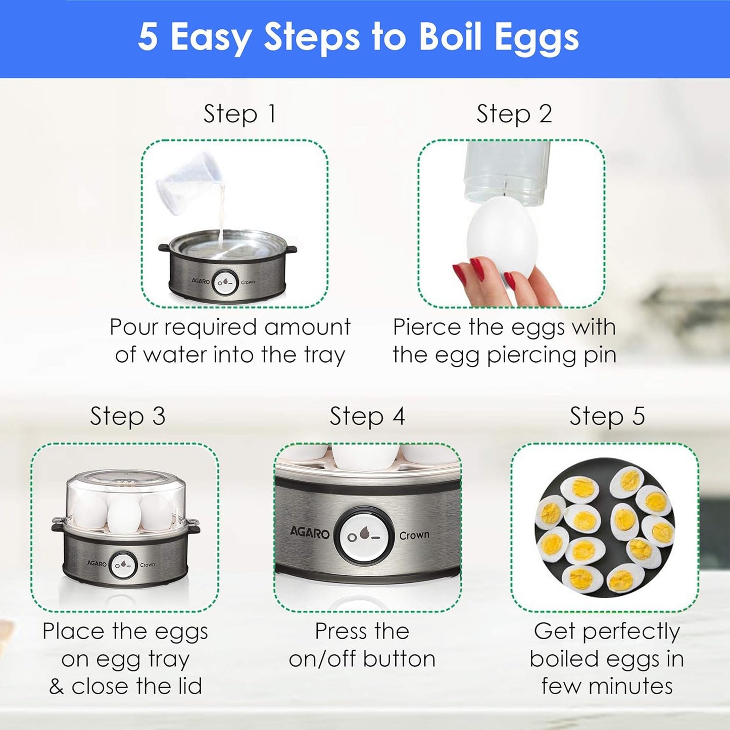 AGARO Grand Egg Boiler And Poacher, 2-in1 Boils 8 Eggs, Poach 4 Eggs, Steamed Vegetables, 3 Boiling Modes, Stainless Steel Body, Transparent Lid, 500W, Silver
