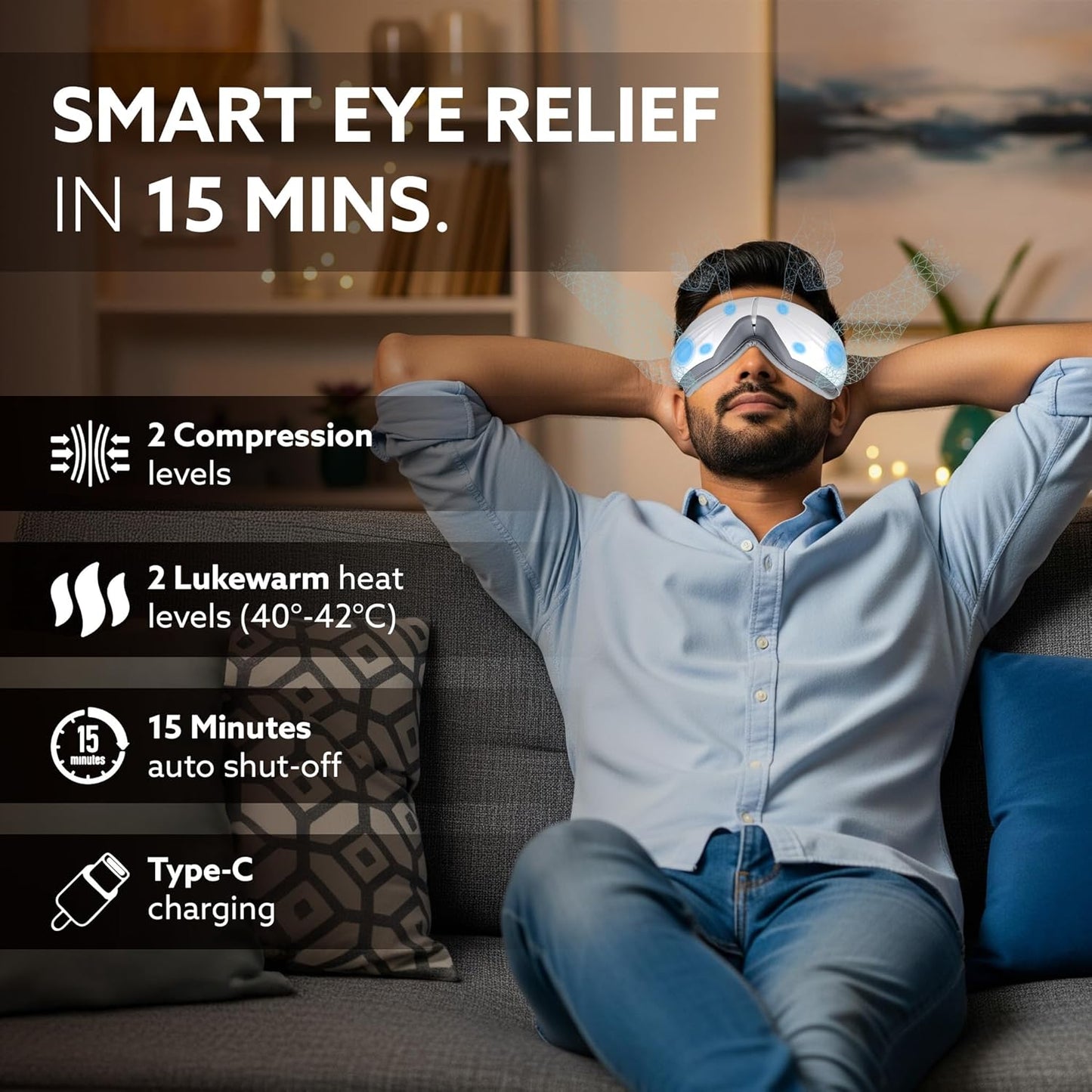 AGARO Supreme Eye Massager with Lukewarm Heat, Relax, Reduce Eye Strain, Relief from Stress, Air Compression Massage, 180° Foldable, 5 Modes, Bluetooth Music, Improves Sleep