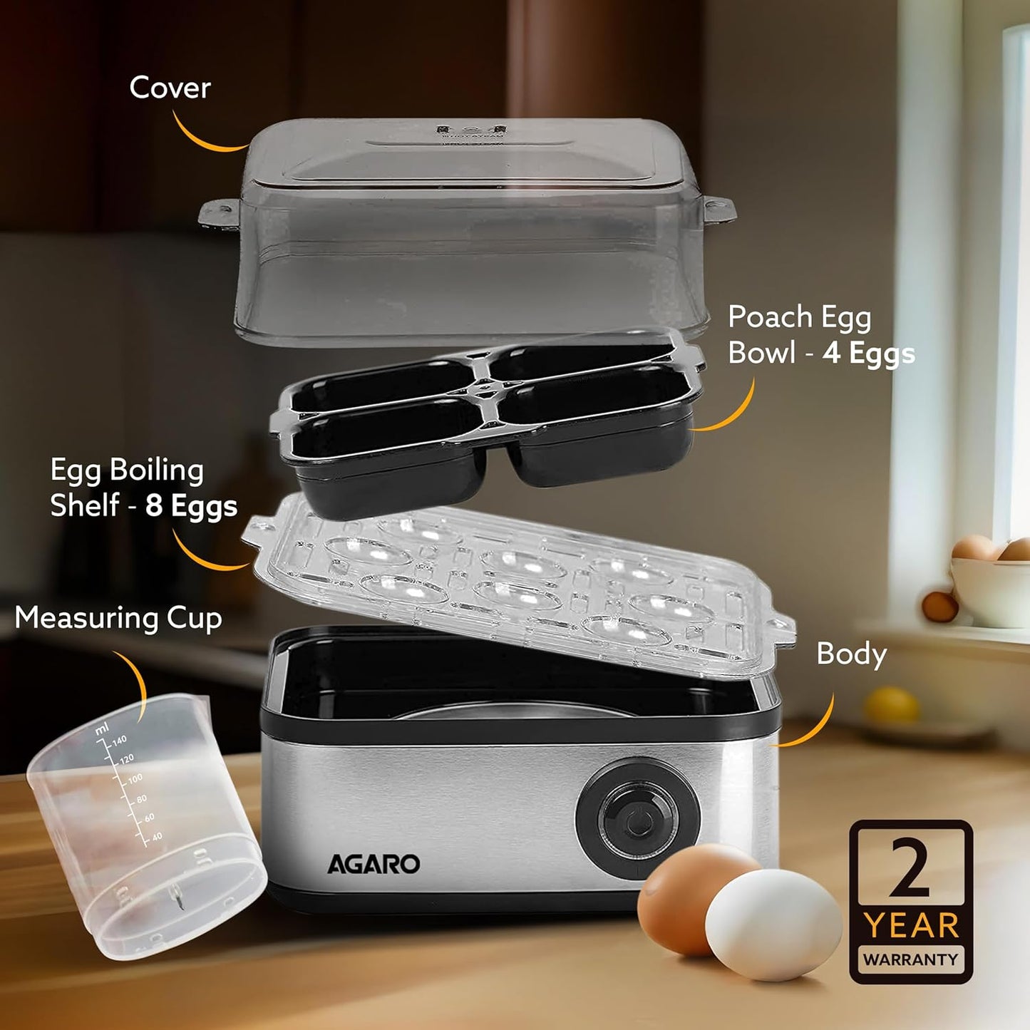 AGARO Grand Egg Boiler And Poacher, 2-in1 Boils 8 Eggs, Poach 4 Eggs, Steamed Vegetables, 3 Boiling Modes, Stainless Steel Body, Transparent Lid, 500W, Silver