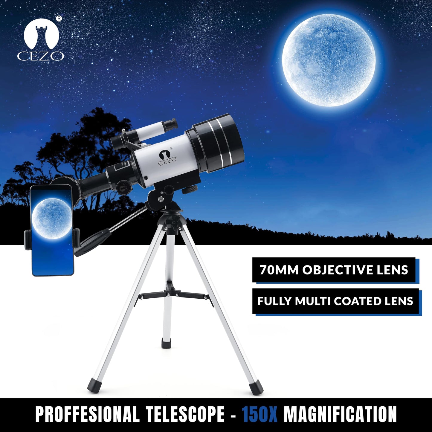 Cezo Telescope for Kids & Adults, 50mm Aperture Astronomical Refractor Telescope for Astronomy Beginners (18X-28.8X), 360mm Portable Scope with Tripod Stand and Mobile Holder (50-MM)