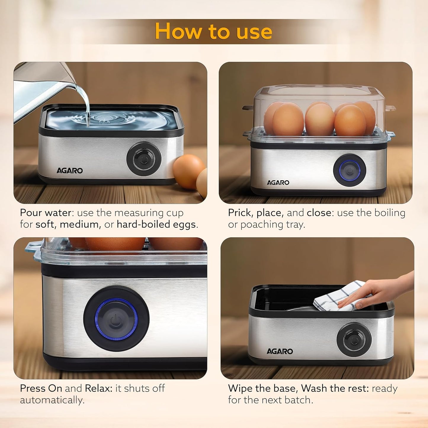 AGARO Grand Egg Boiler And Poacher, 2-in1 Boils 8 Eggs, Poach 4 Eggs, Steamed Vegetables, 3 Boiling Modes, Stainless Steel Body, Transparent Lid, 500W, Silver