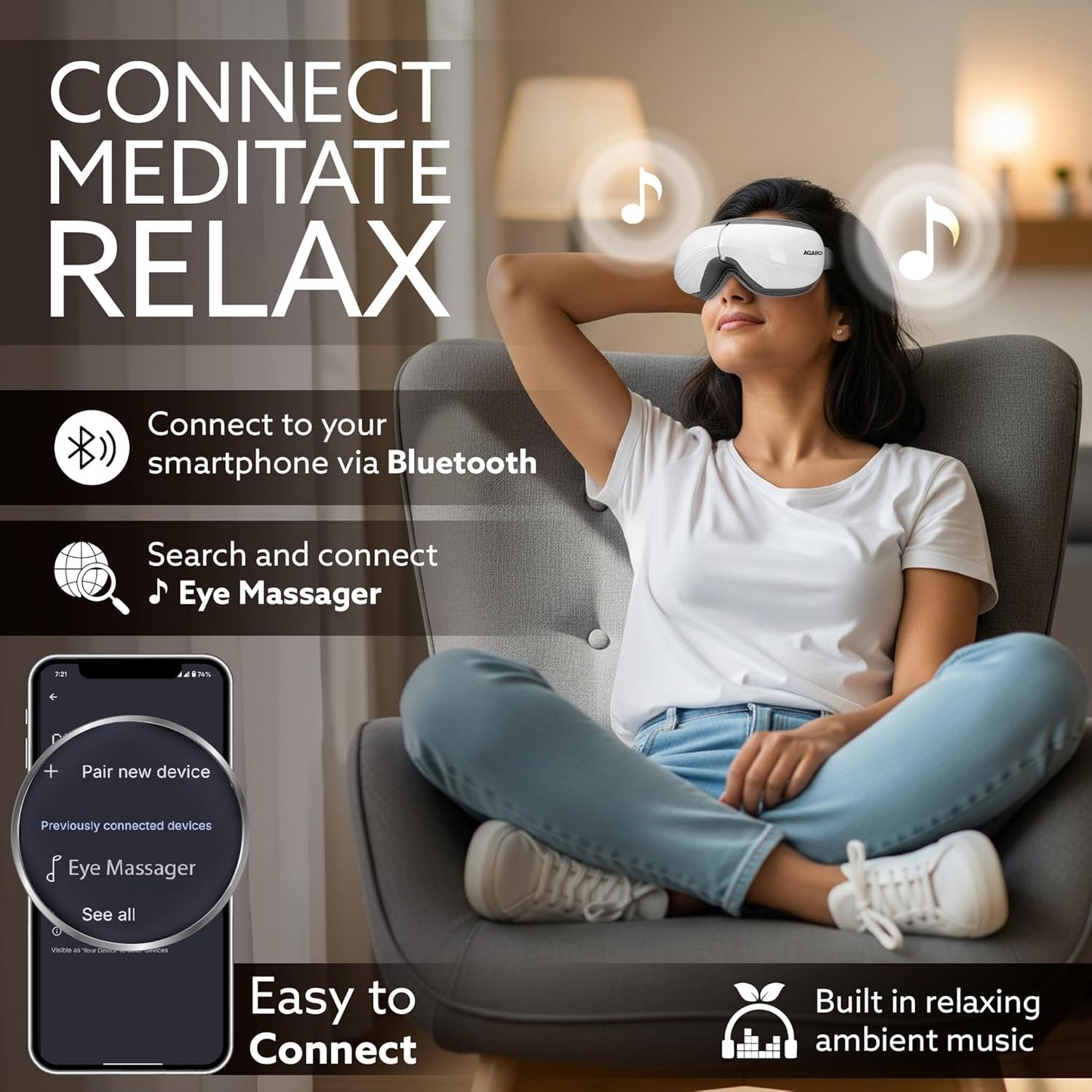AGARO Supreme Eye Massager with Lukewarm Heat, Relax, Reduce Eye Strain, Relief from Stress, Air Compression Massage, 180° Foldable, 5 Modes, Bluetooth Music, Improves Sleep