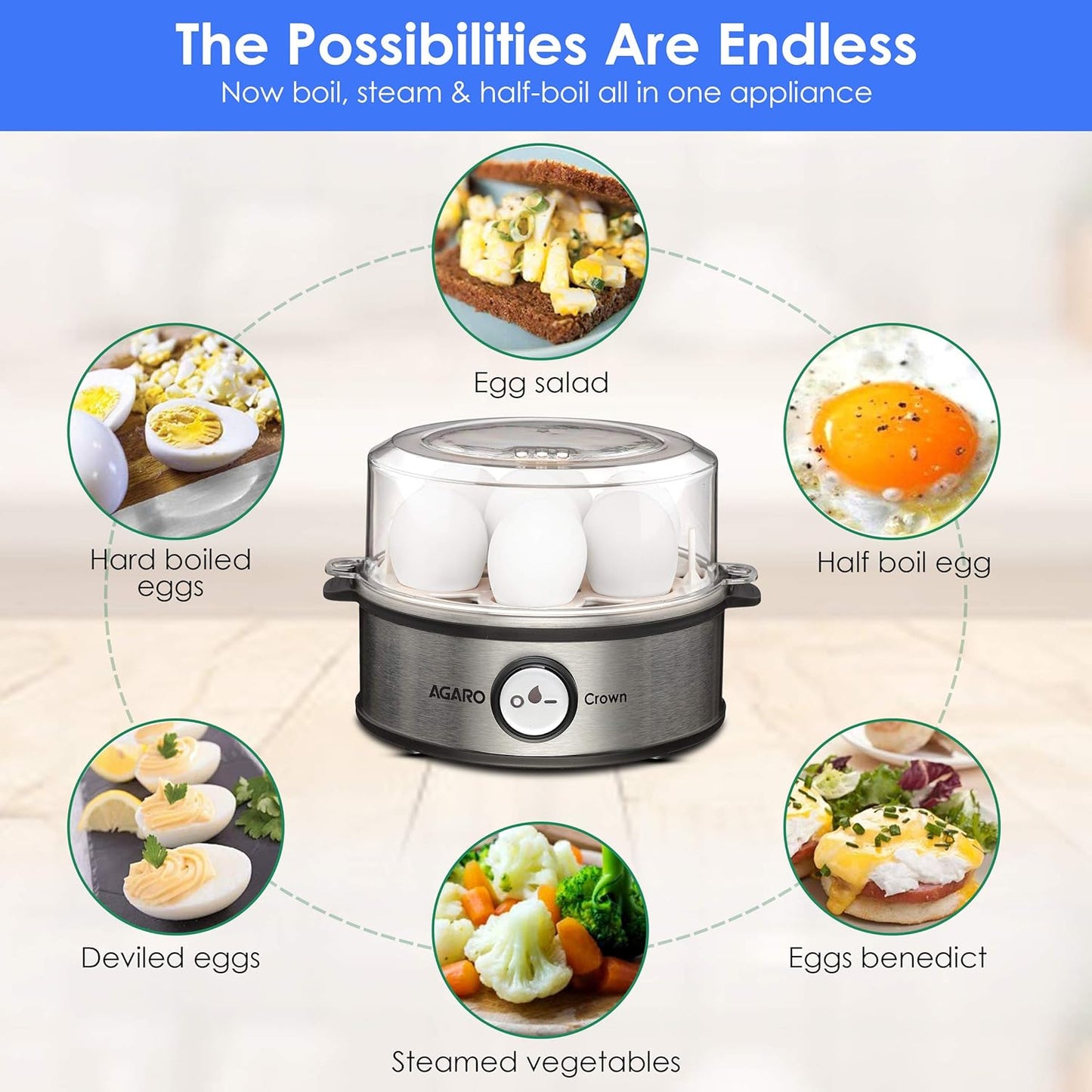 AGARO Grand Egg Boiler And Poacher, 2-in1 Boils 8 Eggs, Poach 4 Eggs, Steamed Vegetables, 3 Boiling Modes, Stainless Steel Body, Transparent Lid, 500W, Silver
