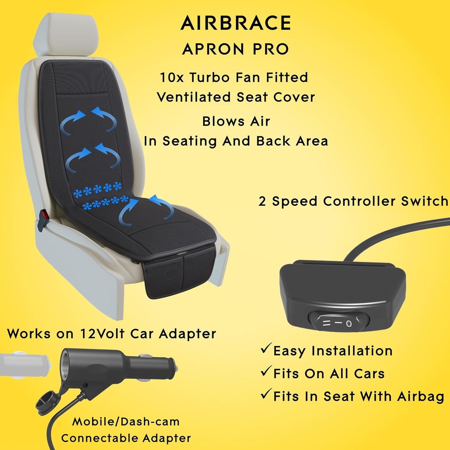 AIRBRACE Apron Pro (2025 Model) | 10x Inbuilt Fan Fitted Ventilated Seat Cushion | Cooling Seat Cushion | Car Accessory | Suitable for All Cars (Black)