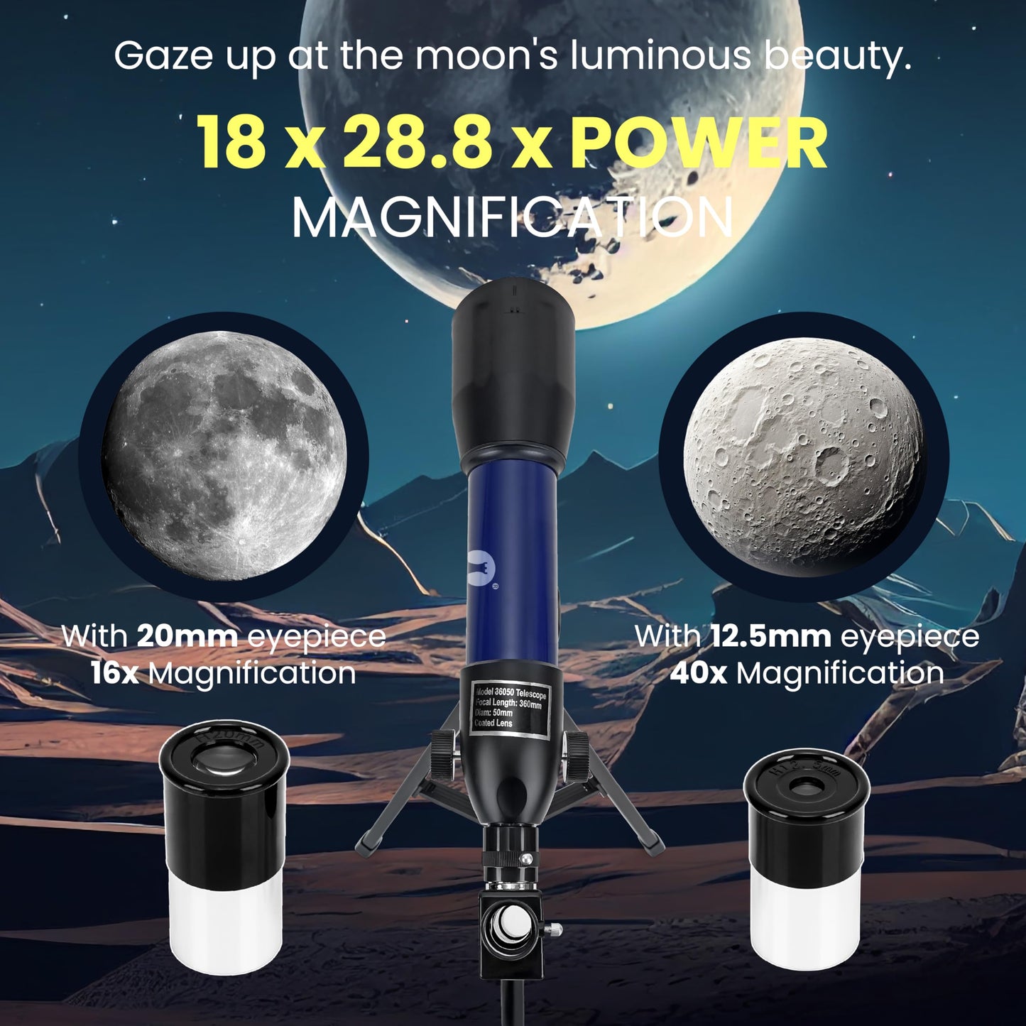 Cezo Telescope for Kids & Adults, 50mm Aperture Astronomical Refractor Telescope for Astronomy Beginners (18X-28.8X), 360mm Portable Scope with Tripod Stand and Mobile Holder (50-MM)