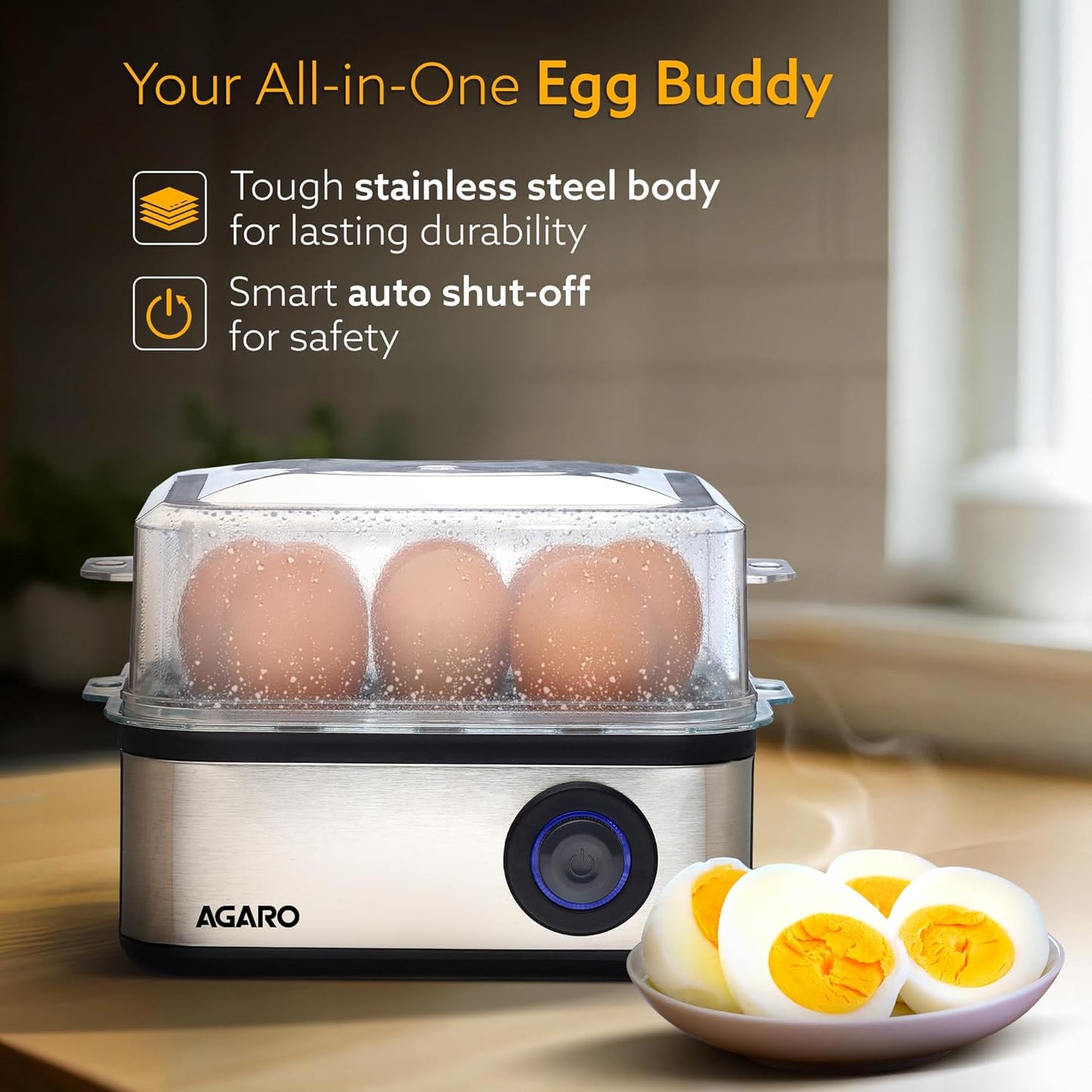 AGARO Grand Egg Boiler And Poacher, 2-in1 Boils 8 Eggs, Poach 4 Eggs, Steamed Vegetables, 3 Boiling Modes, Stainless Steel Body, Transparent Lid, 500W, Silver