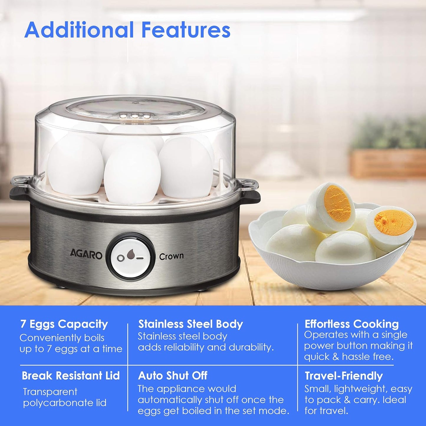 AGARO Grand Egg Boiler And Poacher, 2-in1 Boils 8 Eggs, Poach 4 Eggs, Steamed Vegetables, 3 Boiling Modes, Stainless Steel Body, Transparent Lid, 500W, Silver