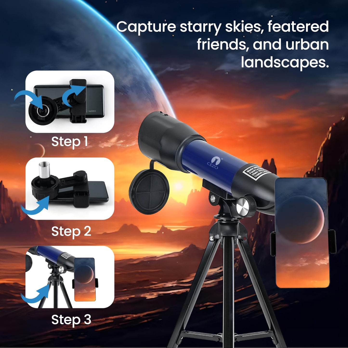 Cezo Telescope for Kids & Adults, 50mm Aperture Astronomical Refractor Telescope for Astronomy Beginners (18X-28.8X), 360mm Portable Scope with Tripod Stand and Mobile Holder (50-MM)
