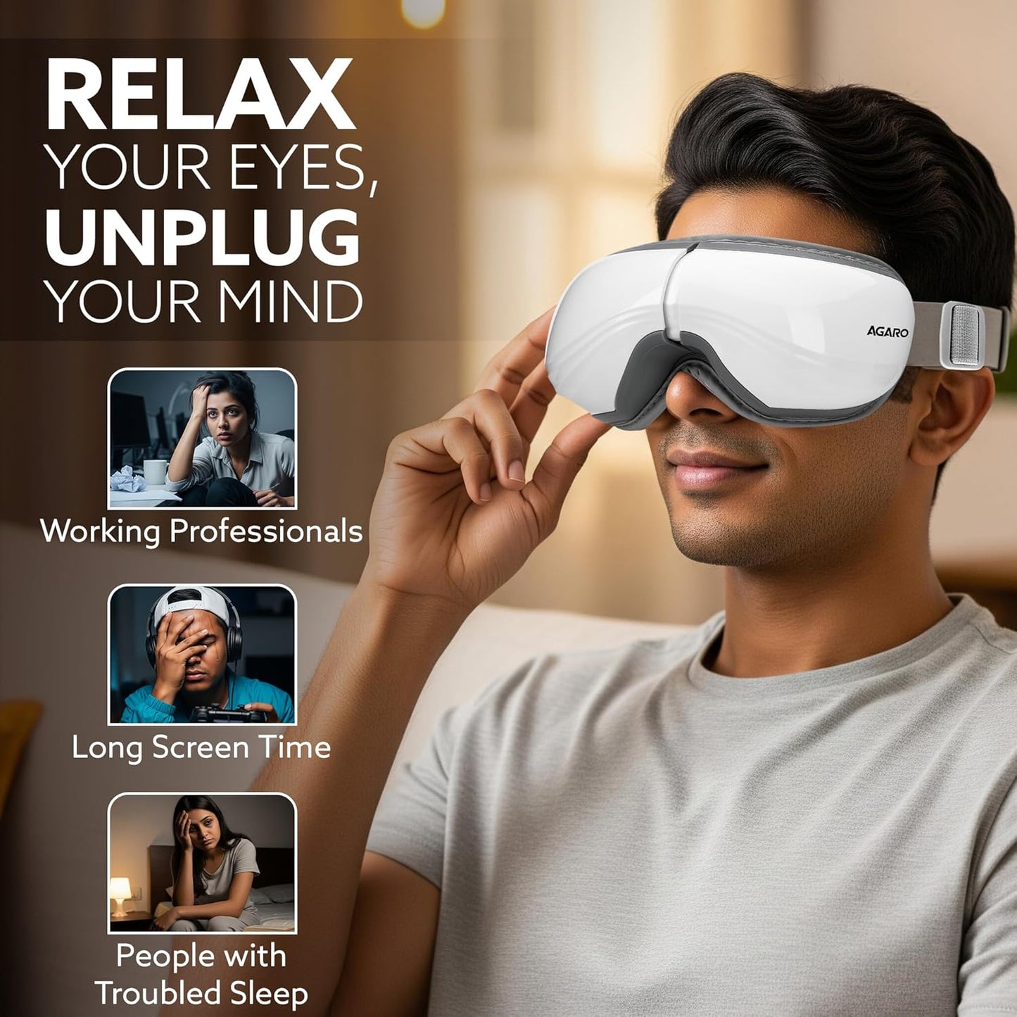 AGARO Supreme Eye Massager with Lukewarm Heat, Relax, Reduce Eye Strain, Relief from Stress, Air Compression Massage, 180° Foldable, 5 Modes, Bluetooth Music, Improves Sleep