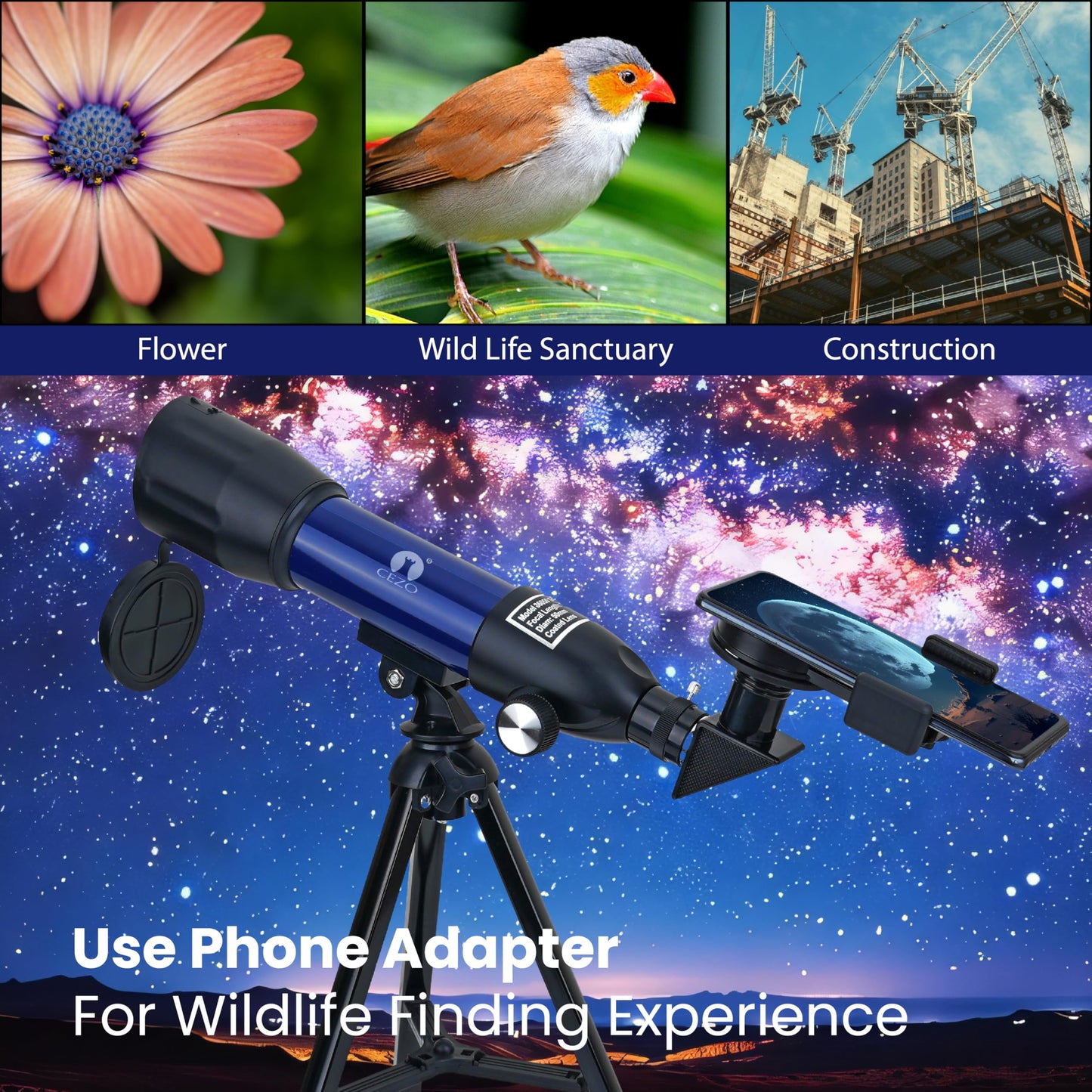Cezo Telescope for Kids & Adults, 50mm Aperture Astronomical Refractor Telescope for Astronomy Beginners (18X-28.8X), 360mm Portable Scope with Tripod Stand and Mobile Holder (50-MM)
