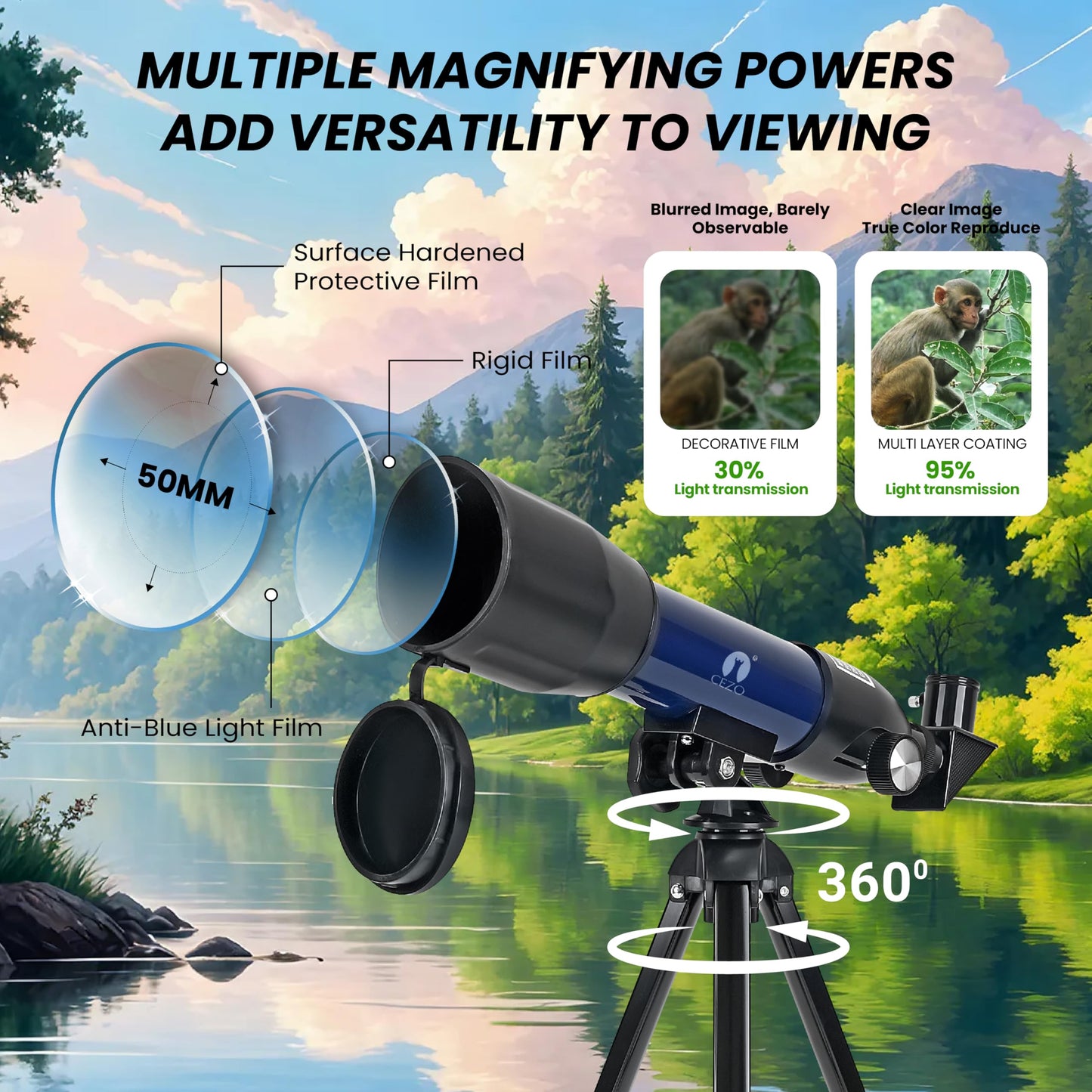Cezo Telescope for Kids & Adults, 50mm Aperture Astronomical Refractor Telescope for Astronomy Beginners (18X-28.8X), 360mm Portable Scope with Tripod Stand and Mobile Holder (50-MM)
