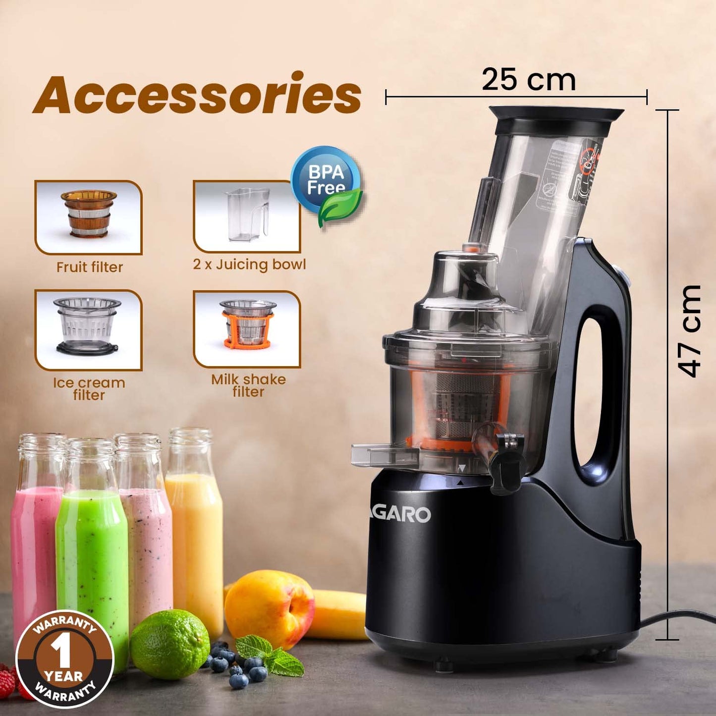 AGARO Imperial Slow Juicer, Professional Cold Press Whole Slow Juicer, 240 Watts Power Motor, 3 Strainers, All-in-1 Fruit & Vegetable Juicer, Grey/Black