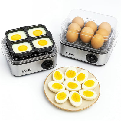 AGARO Grand Egg Boiler And Poacher, 2-in1 Boils 8 Eggs, Poach 4 Eggs, Steamed Vegetables, 3 Boiling Modes, Stainless Steel Body, Transparent Lid, 500W, Silver