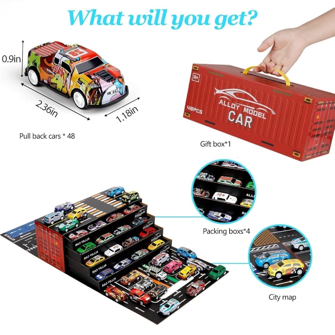 Alloy Pull Back Car Toy Gift Set – With Storage Box & City Map