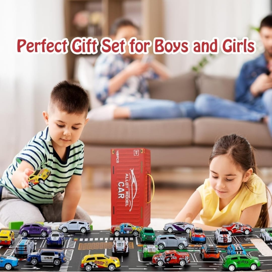 Alloy Pull Back Car Toy Gift Set – With Storage Box & City Map