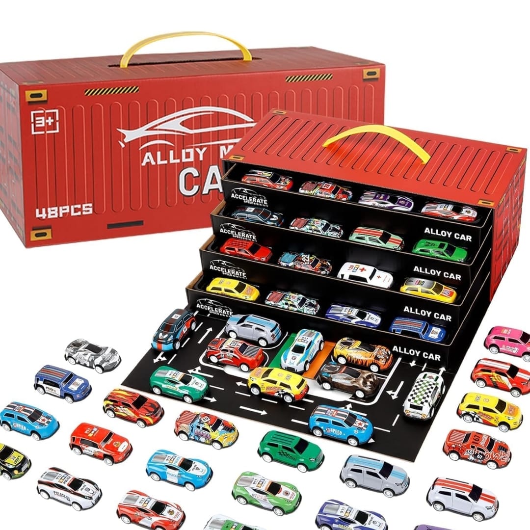 Alloy Pull Back Car Toy Gift Set – With Storage Box & City Map